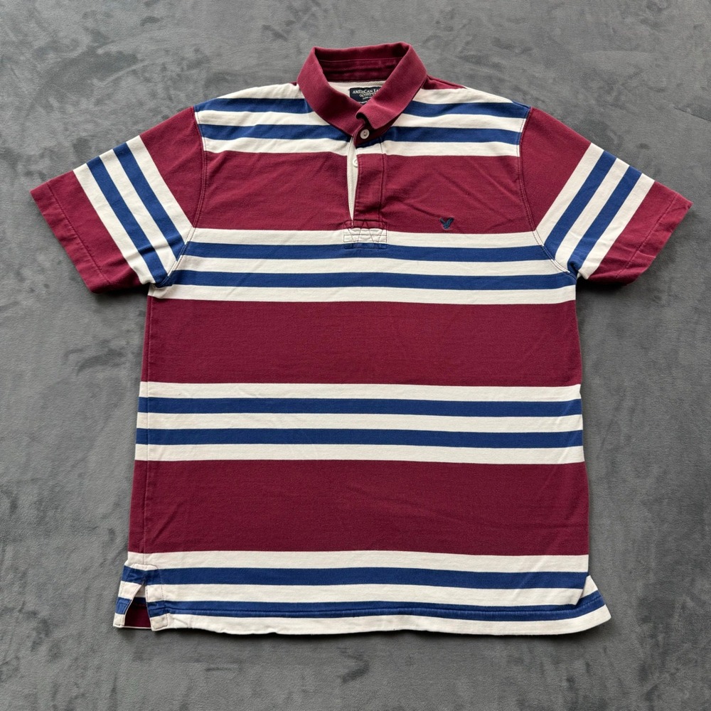 American Eagle Mens Medium Striped Polo Shirt Burgundy Navy Blue White